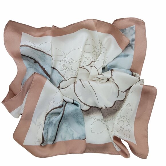 ⭐Elegant Bandana Square Scarf FLORAL Silky Satin Soft Beige Brown Neutral hijab - Picture 7 of 8